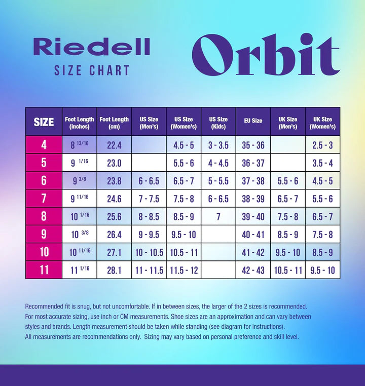Riedell Orbit Roller Skates Sizing Chart