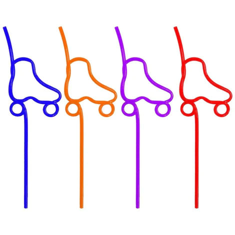 The Sunshine Rollers' Rollerstuff - Roller Skate Crazy Straws set includes four reusable straws designed as roller skates, available in a variety of vibrant blue, orange, pink, and red colors. Each straw showcases a skate shape at the top with circular loops representing wheels.